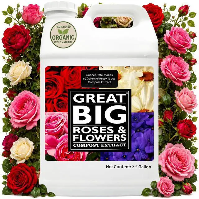 Main image of Great Big Roses and Flowers Liquid Fertilizer Booster 70 Minerals, Compost Extract, Garden Soil Activator with Humic Acid & Seaweed, Organic Rose Bush Fertilizer Booster for More Bloom 2.5 Gallon