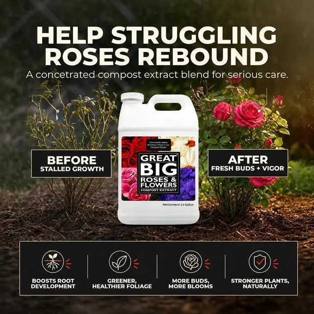 Alt view image 5 of 6 - Great Big Roses and Flowers Liquid Fertilizer Booster 70 Minerals, Compost Extract, Garden Soil Activator with Humic Acid & Seaweed, Organic Rose Bush Fertilizer Booster for More Bloom 2.5 Gallon