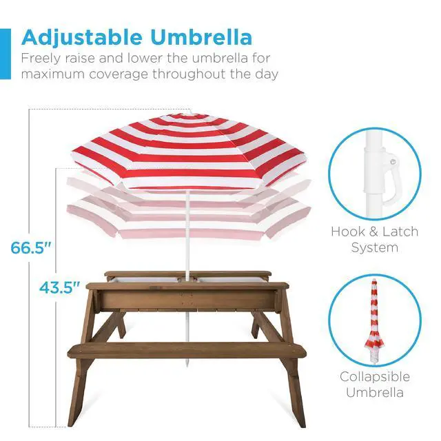 Alt view image 3 of 6 - Kids Picnic Table with Umbrella, 3-in-1 Sand & Water Table, Outdoor Convertible Picnic Table for Toddlers, Seats 4, Removable Top, 2 Buckets - Walnut/Red