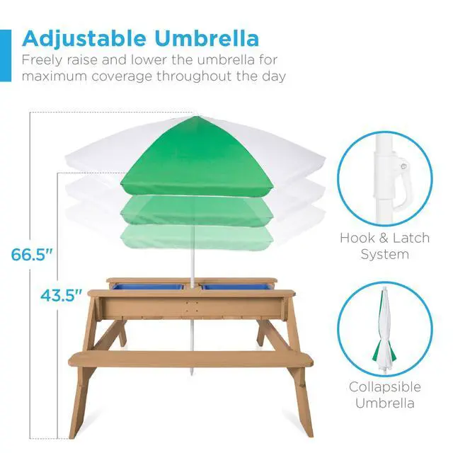 Alt view image 6 of 6 - Kids 3-in-1 Sand & Water Table, Wood Outdoor Convertible Picnic Table w/Umbrella, 2 Trays, Removable Top - Green