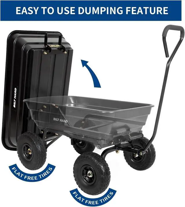 Alt view image 3 of 6 - 4 Cu.Ft. 10" No-Flat Tires Poly Yard Dump Cart with 180° Rotating Handle, 600 lbs Capacity Heavy Duty Garden Carts and Wagons