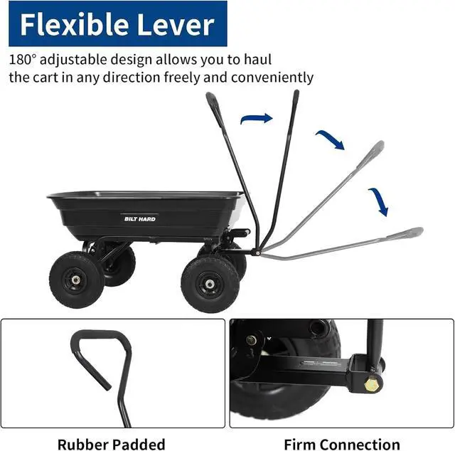 Alt view image 4 of 6 - 4 Cu.Ft. 10" No-Flat Tires Poly Yard Dump Cart with 180° Rotating Handle, 600 lbs Capacity Heavy Duty Garden Carts and Wagons