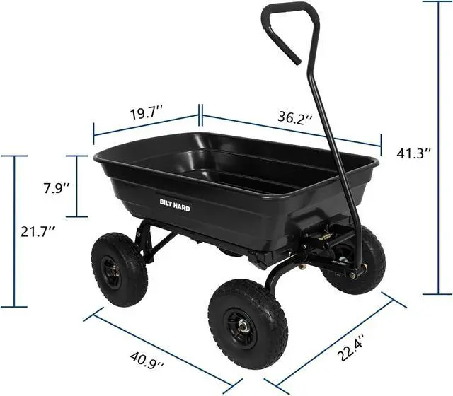 Alt view image 5 of 6 - 4 Cu.Ft. 10" No-Flat Tires Poly Yard Dump Cart with 180° Rotating Handle, 600 lbs Capacity Heavy Duty Garden Carts and Wagons