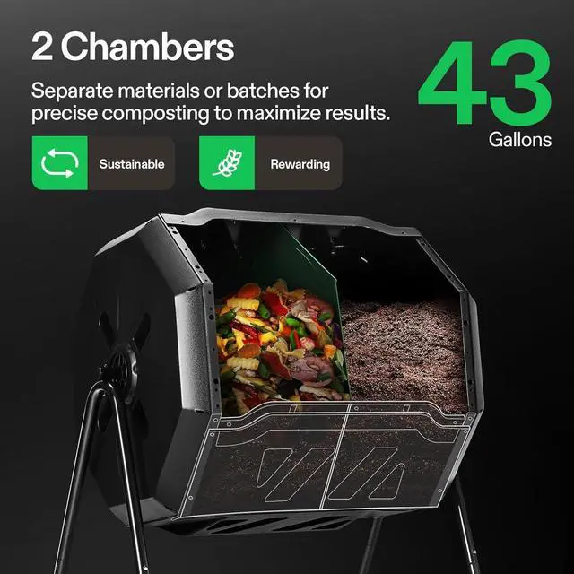 Alt view image 2 of 6 - Outdoor Tumbling Composter Dual Rotating Batch Compost Bin, 43 Gallon Black Door