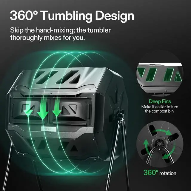 Alt view image 3 of 6 - Outdoor Tumbling Composter Dual Rotating Batch Compost Bin, 43 Gallon Black Door