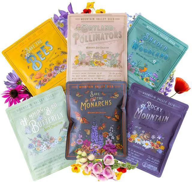 Main image of Mountain Valley Seed Co Wildflower Seeds Collection - 500,000+ Bulk Seeds | 6 Wildflower Mixes Including Hummingbird, Butterfly, Monarch, Bee, Shaded Woodland, Rocky Mountain, and Dryland Pollinators