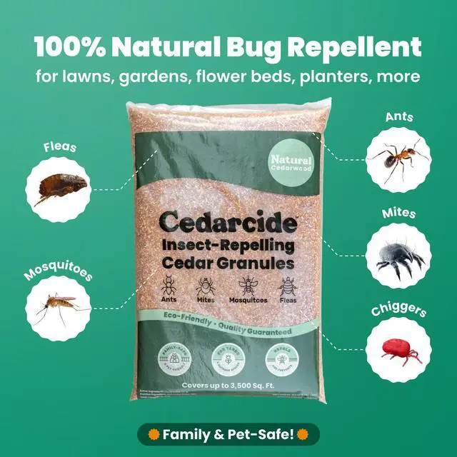 Alt view image 5 of 6 - Lawn, Home & Garden Cedar Granules | Repels Fleas, Ants, Spiders & Mosquitoes | Smells Great, Easy to Use | Family & Pet Safe | 2 Bags (16 Lbs)