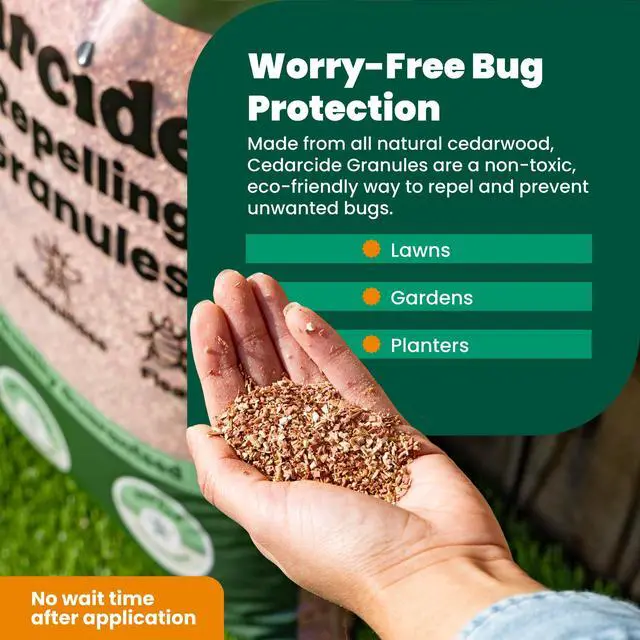 Alt view image 6 of 6 - Lawn, Home & Garden Cedar Granules | Repels Fleas, Ants, Spiders & Mosquitoes | Smells Great, Easy to Use | Family & Pet Safe | 2 Bags (16 Lbs)