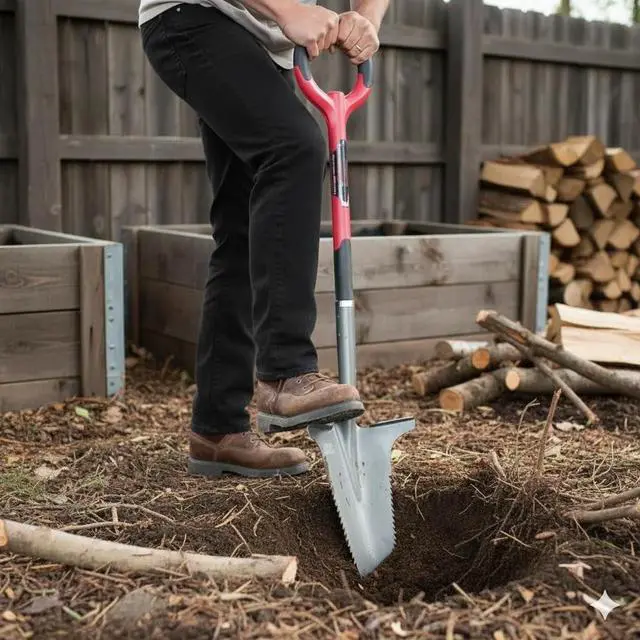 Alt view image 6 of 6 - 22011 Garden Shovel with Serrated Blade for Digging and Root Cutting, Heavy Duty Steel Spade, Red