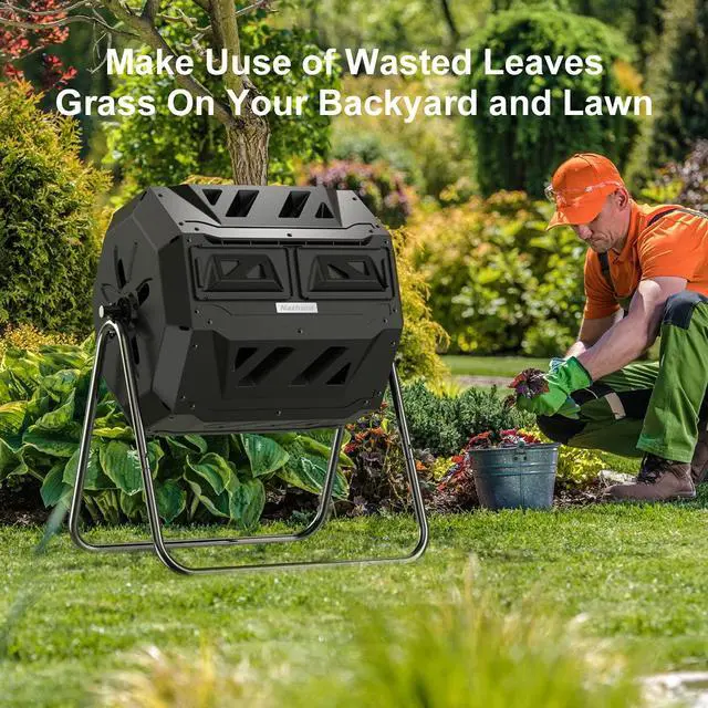 Alt view image 5 of 6 - Compost Tumbler Bin Composter Dual Chamber 43 Gallon (Bundled with Pearson's Gardening Gloves)