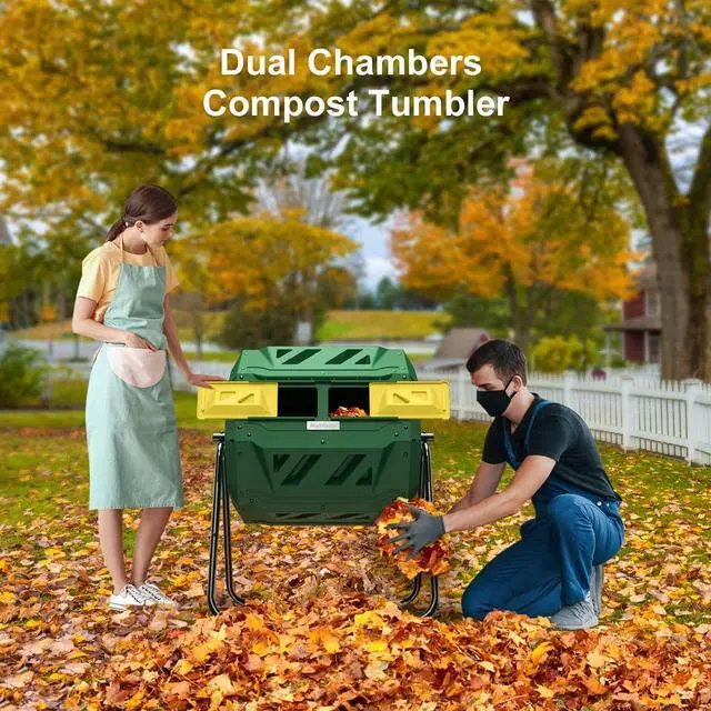 Alt view image 2 of 6 - Compost Tumbler Bin Composter Dual Chamber 43 Gallon (Bundled with Pearson's Gardening Gloves)