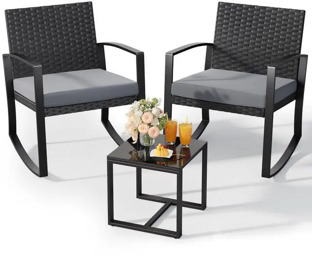 Main image of 3 Pieces Patio Furniture Set Rocking Bistro Set Outdoor Rattan Conversation with Coffee Table for Garden Balcony Backyard Poolside (Grey Cushion)