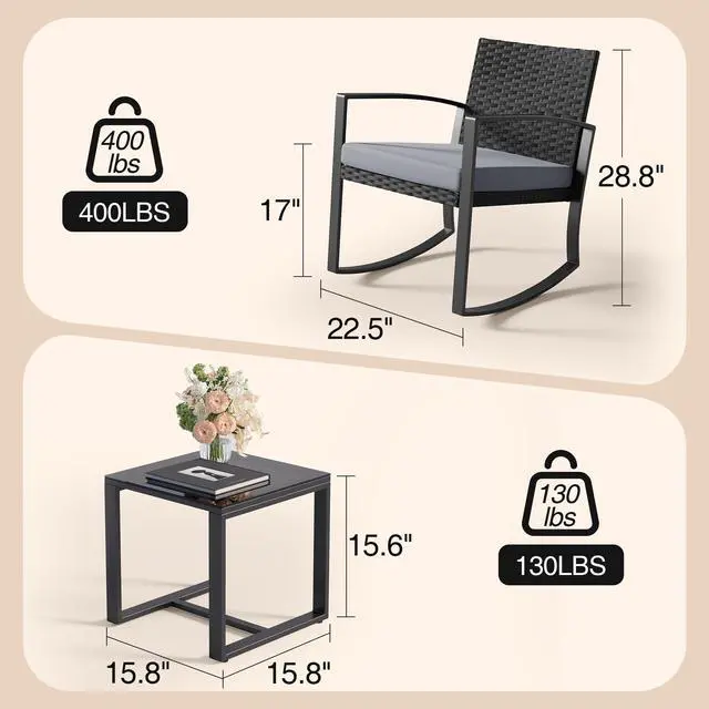 Alt view image 2 of 6 - 3 Pieces Patio Furniture Set Rocking Bistro Set Outdoor Rattan Conversation with Coffee Table for Garden Balcony Backyard Poolside (Grey Cushion)