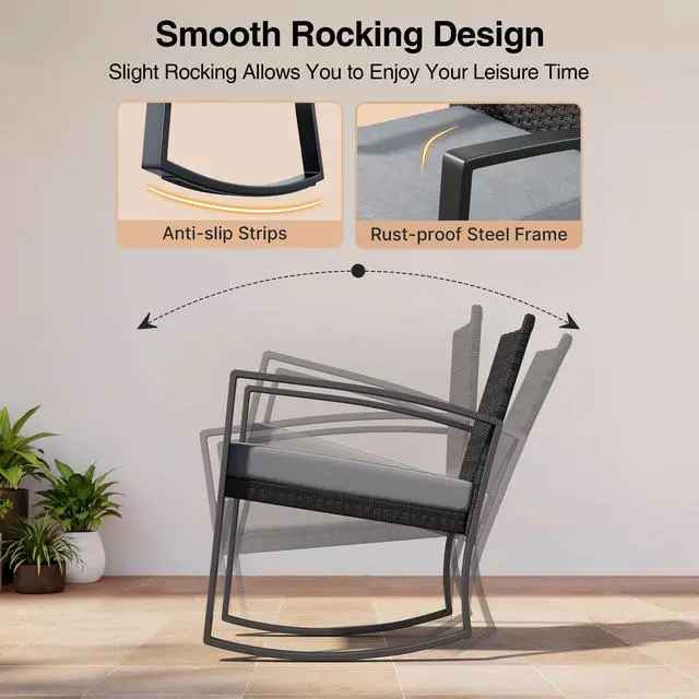 Alt view image 3 of 6 - 3 Pieces Patio Furniture Set Rocking Bistro Set Outdoor Rattan Conversation with Coffee Table for Garden Balcony Backyard Poolside (Grey Cushion)