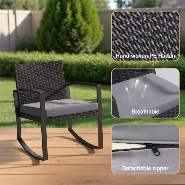 Alt view image 4 of 6 - 3 Pieces Patio Furniture Set Rocking Bistro Set Outdoor Rattan Conversation with Coffee Table for Garden Balcony Backyard Poolside (Grey Cushion)