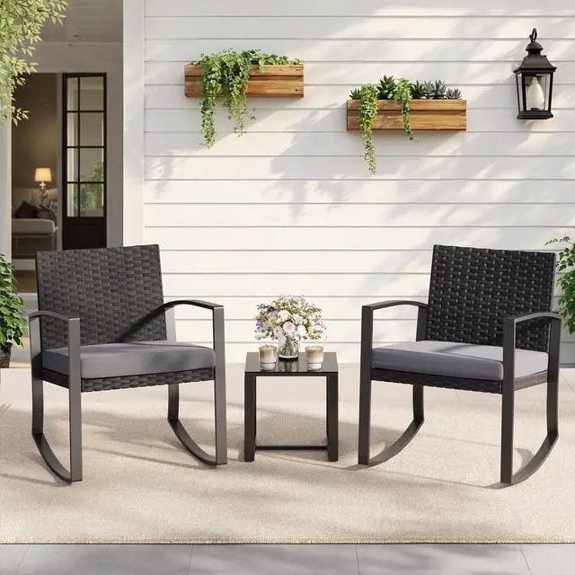 Alt view image 6 of 6 - 3 Pieces Patio Furniture Set Rocking Bistro Set Outdoor Rattan Conversation with Coffee Table for Garden Balcony Backyard Poolside (Grey Cushion)