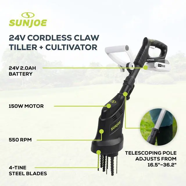 Alt view image 3 of 6 - Cordless Garden Claw Tiller & Cultivator with 4-Tine Steel Blades, Battery & Charger, 3.6 Inch, 24V, 150W Motor - Heavy-Duty Tilling Machine for Lawn, Yard, and Gardening Care, 24V-CTLR-LTE