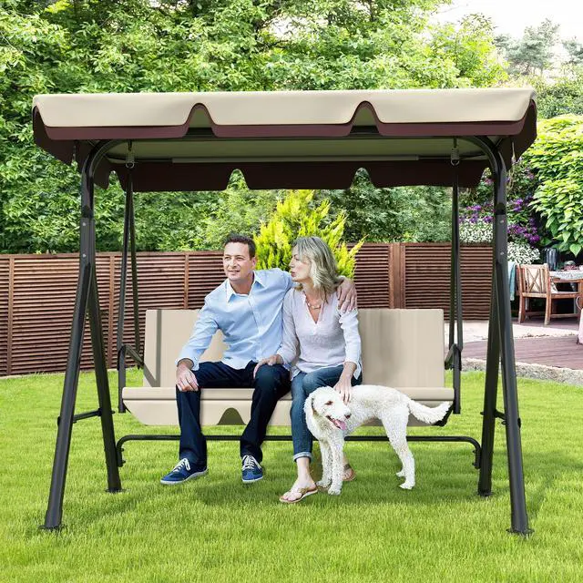 Main image of 3-Seat Patio Swing Chair, Outdoor Porch Swing with Adjustable Canopy and Durable Steel Frame for Patio, Garden, Poolside (Beige)