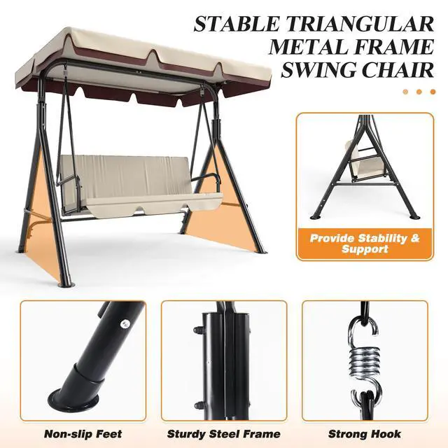 Alt view image 2 of 6 - 3-Seat Patio Swing Chair, Outdoor Porch Swing with Adjustable Canopy and Durable Steel Frame for Patio, Garden, Poolside (Beige)
