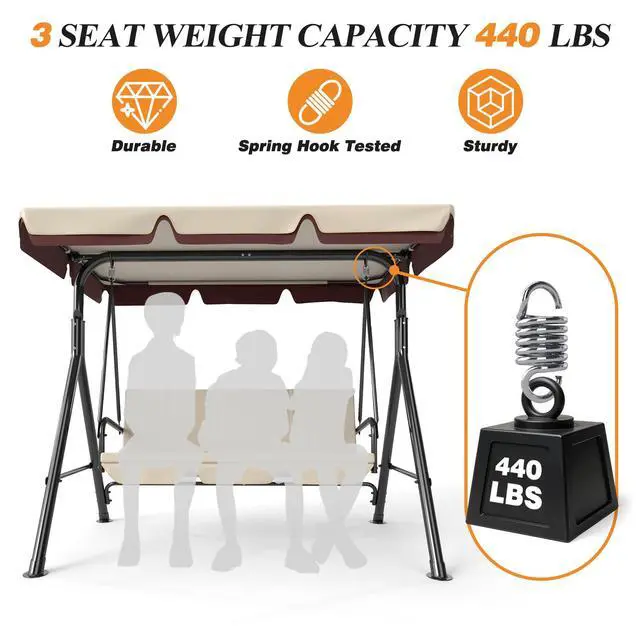 Alt view image 3 of 6 - 3-Seat Patio Swing Chair, Outdoor Porch Swing with Adjustable Canopy and Durable Steel Frame for Patio, Garden, Poolside (Beige)