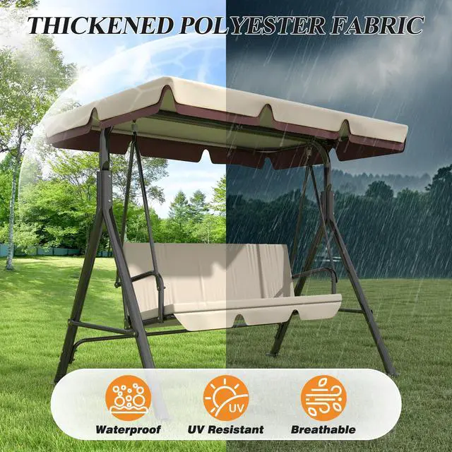 Alt view image 4 of 6 - 3-Seat Patio Swing Chair, Outdoor Porch Swing with Adjustable Canopy and Durable Steel Frame for Patio, Garden, Poolside (Beige)
