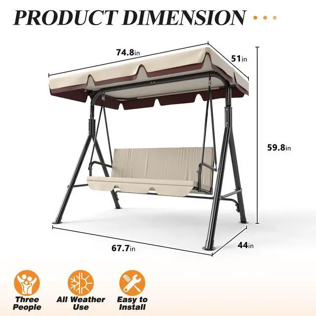 Alt view image 6 of 6 - 3-Seat Patio Swing Chair, Outdoor Porch Swing with Adjustable Canopy and Durable Steel Frame for Patio, Garden, Poolside (Beige)