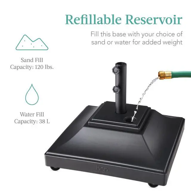Alt view image 4 of 6 - Fillable Mobile Umbrella Base, Heavy Duty Base, Square Tiered Market Stand for Patio, Deck, Outdoor w/ 4 Wheels, 2 Locks, 2 Knobs, 120lb Capacity - Black