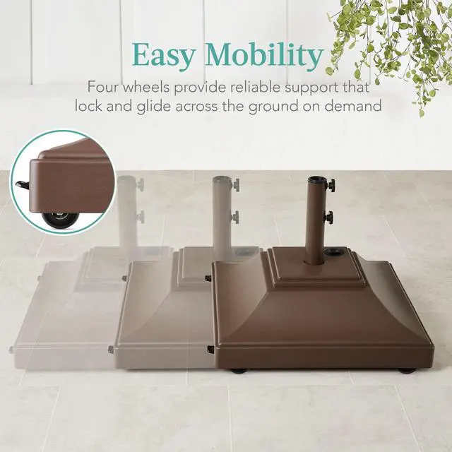 Alt view image 2 of 6 - Fillable Mobile Umbrella Base, Heavy Duty Base, Square Tiered Market Stand for Patio, Deck, Outdoor w/ 4 Wheels, 2 Locks, 2 Knobs, 120lb Capacity - Brown