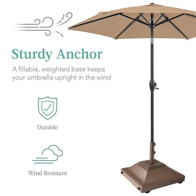 Alt view image 3 of 6 - Fillable Mobile Umbrella Base, Heavy Duty Base, Square Tiered Market Stand for Patio, Deck, Outdoor w/ 4 Wheels, 2 Locks, 2 Knobs, 120lb Capacity - Brown