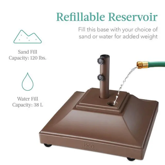 Alt view image 4 of 6 - Fillable Mobile Umbrella Base, Heavy Duty Base, Square Tiered Market Stand for Patio, Deck, Outdoor w/ 4 Wheels, 2 Locks, 2 Knobs, 120lb Capacity - Brown