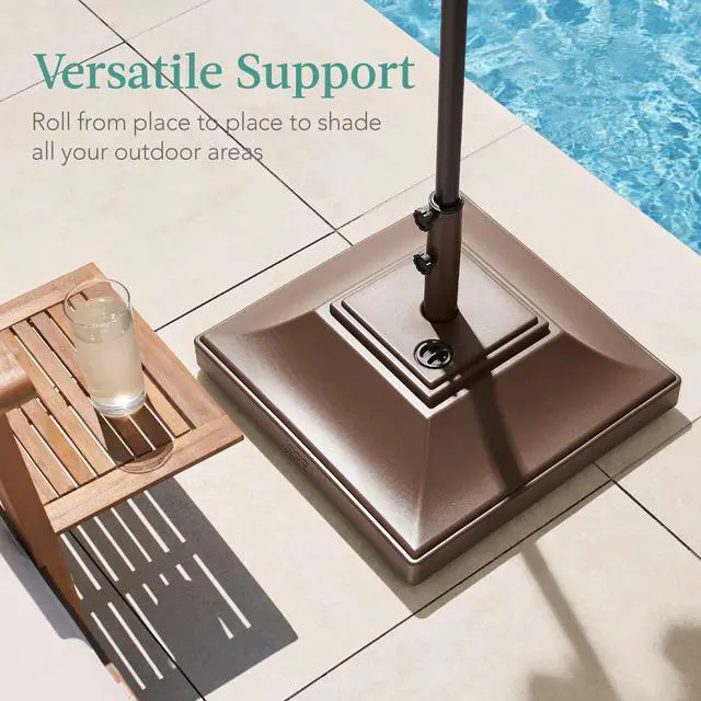 Alt view image 5 of 6 - Fillable Mobile Umbrella Base, Heavy Duty Base, Square Tiered Market Stand for Patio, Deck, Outdoor w/ 4 Wheels, 2 Locks, 2 Knobs, 120lb Capacity - Brown