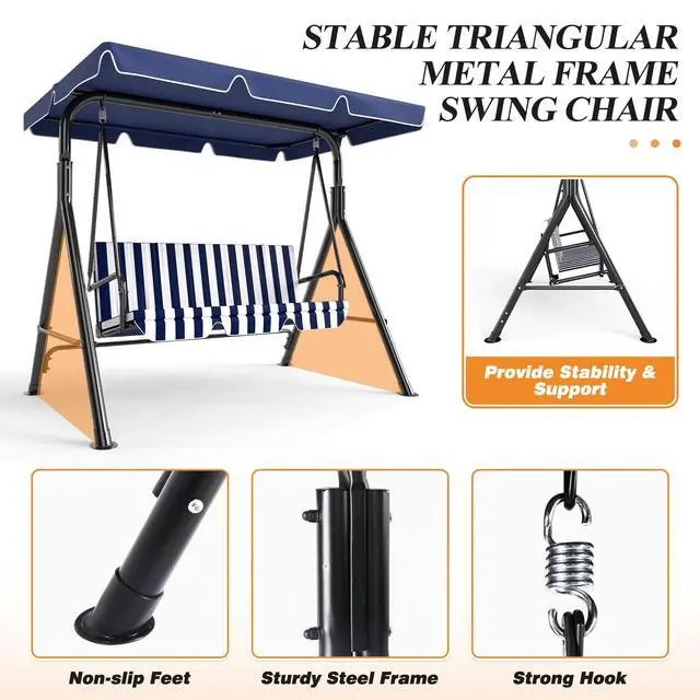 Alt view image 2 of 6 - 3-Seat Patio Swing Chair, Outdoor Porch Swing with Adjustable Canopy and Durable Steel Frame for Patio, Garden, Poolside(Nevy Blue)