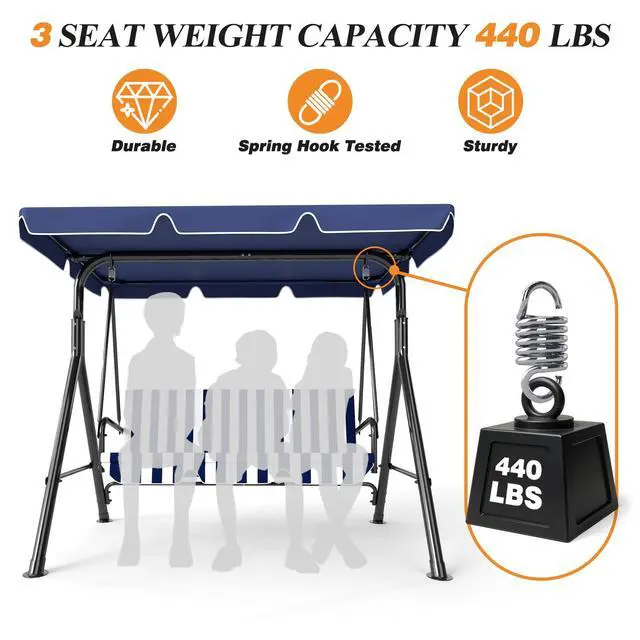 Alt view image 3 of 6 - 3-Seat Patio Swing Chair, Outdoor Porch Swing with Adjustable Canopy and Durable Steel Frame for Patio, Garden, Poolside(Nevy Blue)