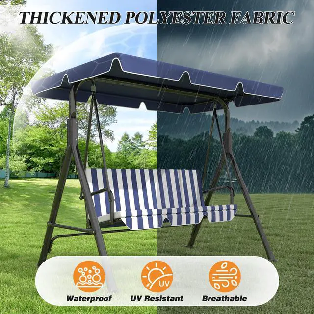 Alt view image 4 of 6 - 3-Seat Patio Swing Chair, Outdoor Porch Swing with Adjustable Canopy and Durable Steel Frame for Patio, Garden, Poolside(Nevy Blue)