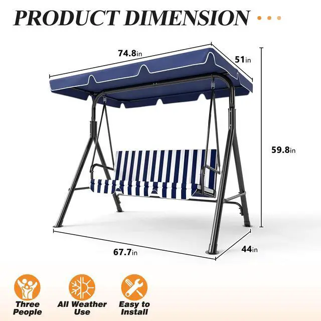 Alt view image 6 of 6 - 3-Seat Patio Swing Chair, Outdoor Porch Swing with Adjustable Canopy and Durable Steel Frame for Patio, Garden, Poolside(Nevy Blue)