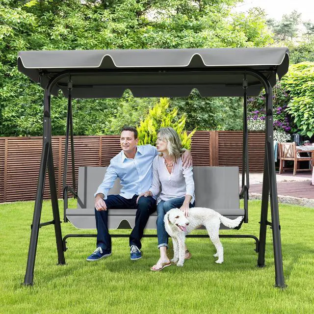 Main image of 3-Seat Patio Swing Chair, Outdoor Porch Swing with Adjustable Canopy and Durable Steel Frame for Patio, Garden, Poolside(Grey)