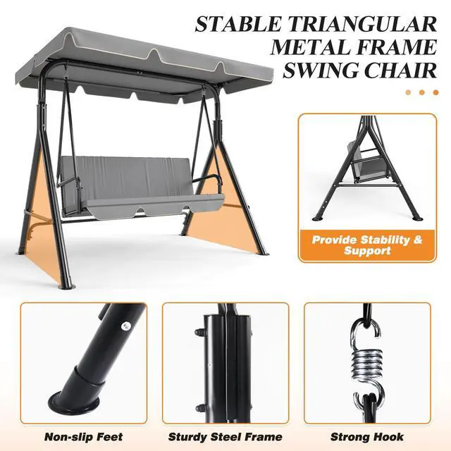 Alt view image 2 of 6 - 3-Seat Patio Swing Chair, Outdoor Porch Swing with Adjustable Canopy and Durable Steel Frame for Patio, Garden, Poolside(Grey)