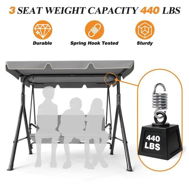 Alt view image 3 of 6 - 3-Seat Patio Swing Chair, Outdoor Porch Swing with Adjustable Canopy and Durable Steel Frame for Patio, Garden, Poolside(Grey)