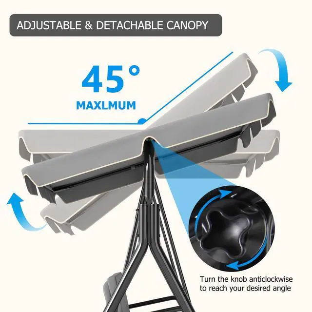 Alt view image 5 of 6 - 3-Seat Patio Swing Chair, Outdoor Porch Swing with Adjustable Canopy and Durable Steel Frame for Patio, Garden, Poolside(Grey)
