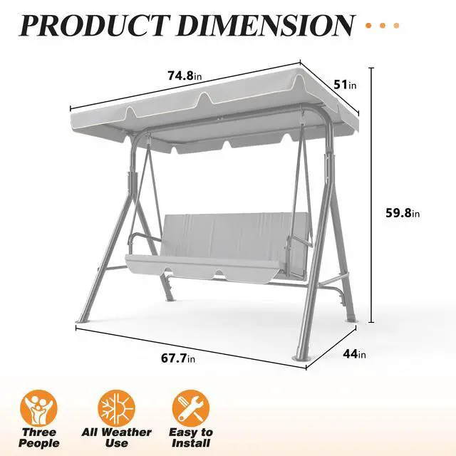 Alt view image 6 of 6 - 3-Seat Patio Swing Chair, Outdoor Porch Swing with Adjustable Canopy and Durable Steel Frame for Patio, Garden, Poolside(Grey)