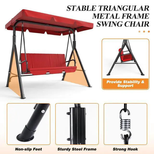 Alt view image 2 of 6 - 3-Seat Patio Swing Chair, Outdoor Porch Swing with Adjustable Canopy and Durable Steel Frame for Patio, Garden, Poolside(Red)