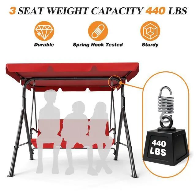 Alt view image 3 of 6 - 3-Seat Patio Swing Chair, Outdoor Porch Swing with Adjustable Canopy and Durable Steel Frame for Patio, Garden, Poolside(Red)
