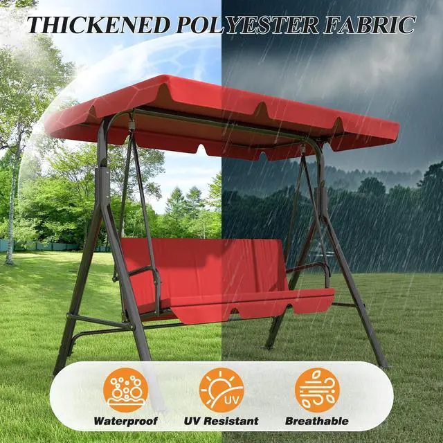 Alt view image 4 of 6 - 3-Seat Patio Swing Chair, Outdoor Porch Swing with Adjustable Canopy and Durable Steel Frame for Patio, Garden, Poolside(Red)