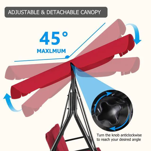 Alt view image 5 of 6 - 3-Seat Patio Swing Chair, Outdoor Porch Swing with Adjustable Canopy and Durable Steel Frame for Patio, Garden, Poolside(Red)