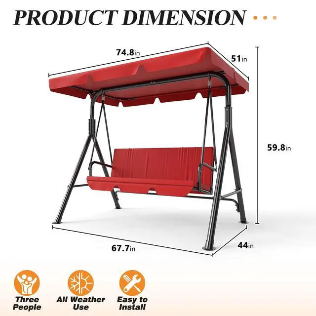 Alt view image 6 of 6 - 3-Seat Patio Swing Chair, Outdoor Porch Swing with Adjustable Canopy and Durable Steel Frame for Patio, Garden, Poolside(Red)