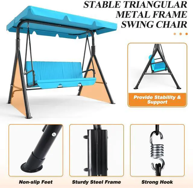 Alt view image 2 of 6 - 3-Seat Patio Swing Chair, Outdoor Porch Swing with Adjustable Canopy and Durable Steel Frame for Patio, Garden, Poolside(Turquoise)