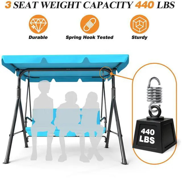 Alt view image 3 of 6 - 3-Seat Patio Swing Chair, Outdoor Porch Swing with Adjustable Canopy and Durable Steel Frame for Patio, Garden, Poolside(Turquoise)