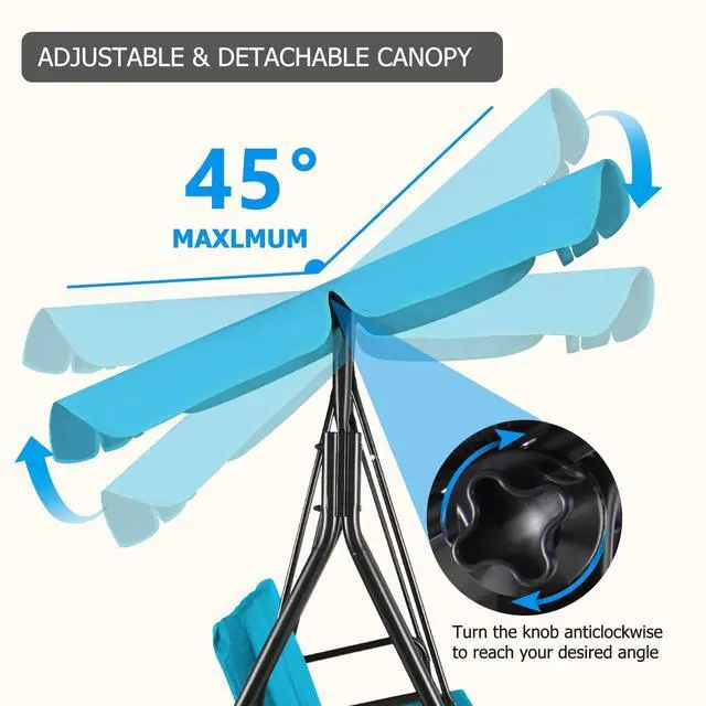 Alt view image 5 of 6 - 3-Seat Patio Swing Chair, Outdoor Porch Swing with Adjustable Canopy and Durable Steel Frame for Patio, Garden, Poolside(Turquoise)