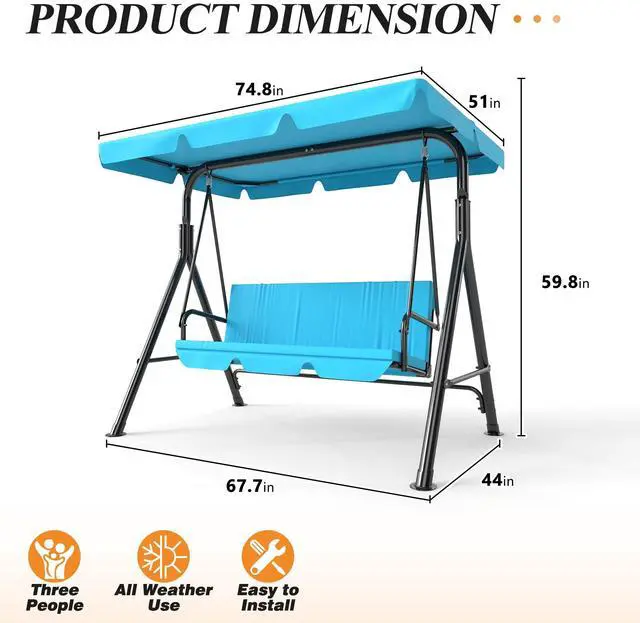 Alt view image 6 of 6 - 3-Seat Patio Swing Chair, Outdoor Porch Swing with Adjustable Canopy and Durable Steel Frame for Patio, Garden, Poolside(Turquoise)