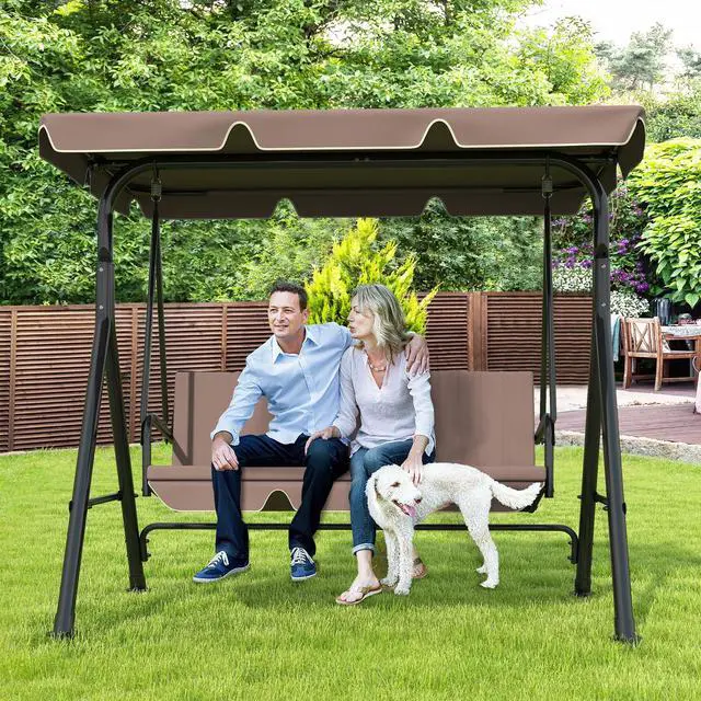 Main image of 3-Seat Patio Swing Chair, Outdoor Porch Swing with Adjustable Canopy and Durable Steel Frame for Patio, Garden, Poolside(Brown)